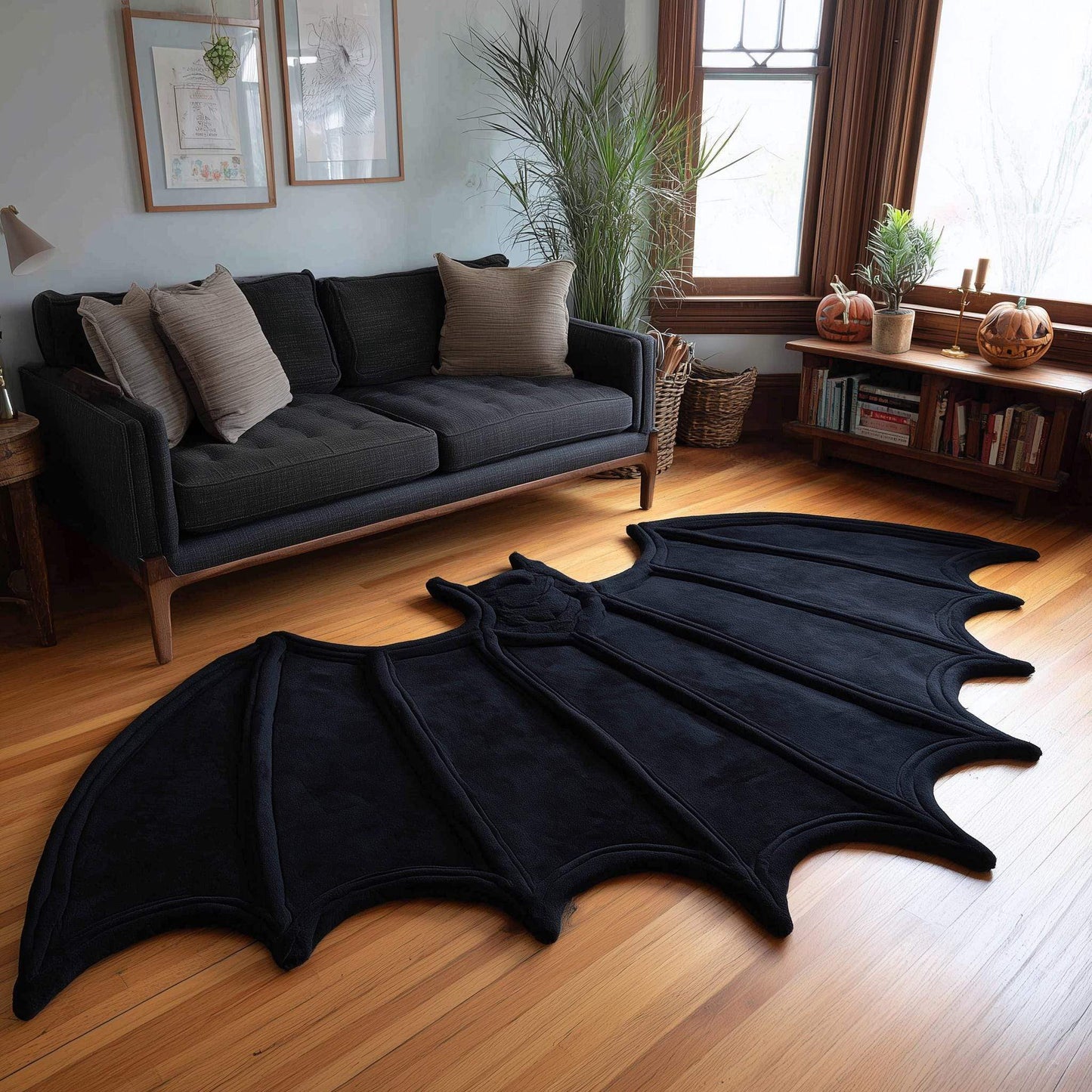 Handmade bat rug gothic Halloween decor tufted wool 6x9 feet large area rug