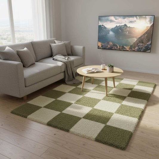 Handmade tufted wool rug with green and cream checkerboard pattern for boho accent decor