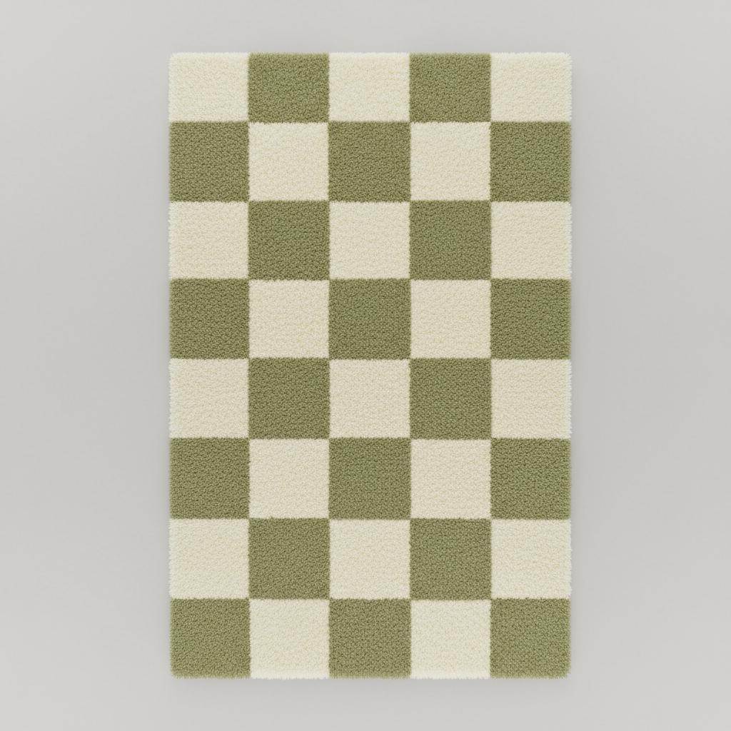 Handmade Tufted Wool Checkerboard Rug: Green & Cream Boho Decor