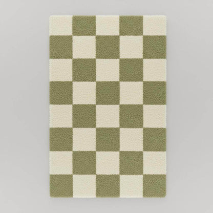 Handmade Tufted Wool Checkerboard Rug: Green & Cream Boho Decor
