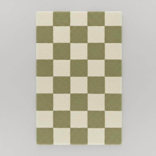 Handmade Tufted Wool Checkerboard Rug: Green & Cream Boho Decor
