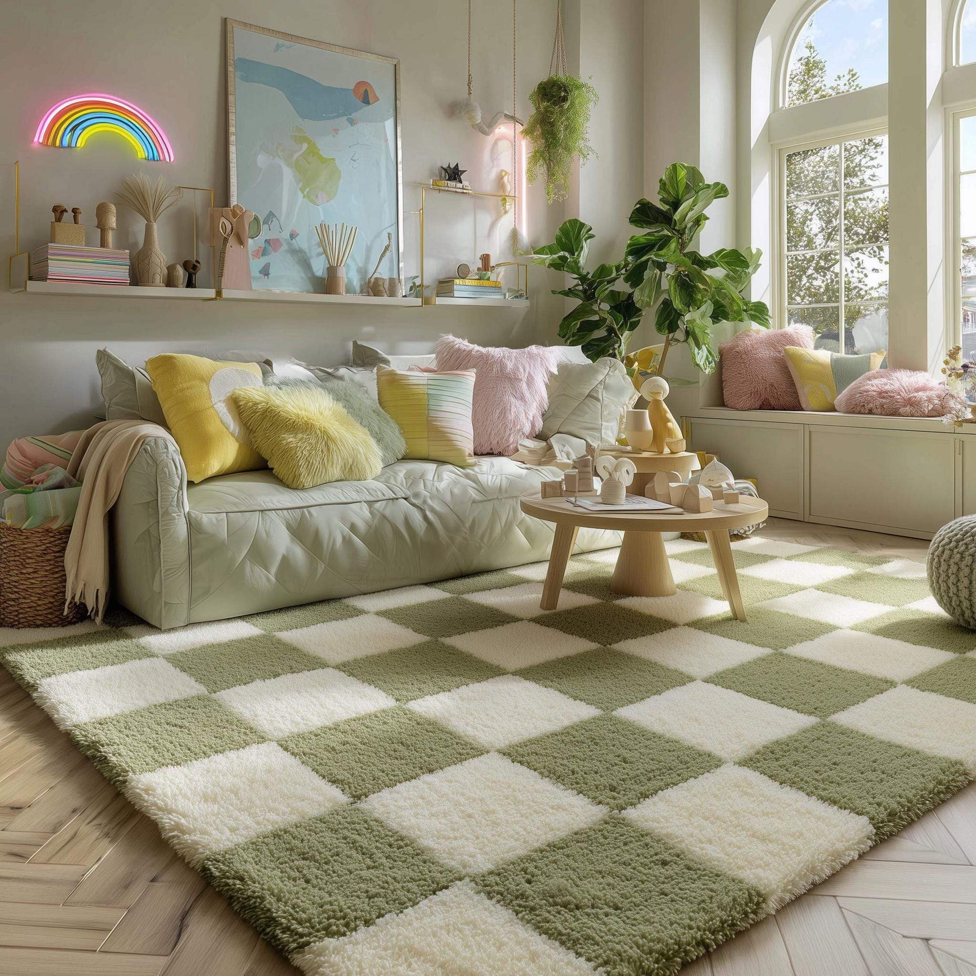 Handmade Tufted Wool Checkerboard Rug: Green & Cream Boho Decor