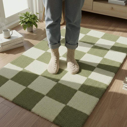Handmade Tufted Wool Checkerboard Rug: Green & Cream Boho Decor