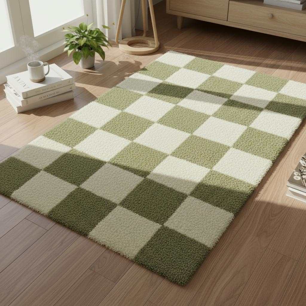 Handmade Tufted Wool Checkerboard Rug: Green & Cream Boho Decor