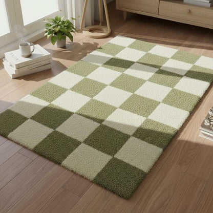 Handmade Tufted Wool Checkerboard Rug: Green & Cream Boho Decor