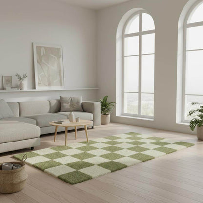 Handmade Tufted Wool Checkerboard Rug: Green & Cream Boho Decor
