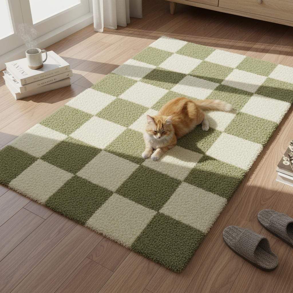 Handmade Tufted Wool Checkerboard Rug: Green & Cream Boho Decor