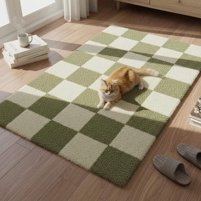 Handmade Tufted Wool Checkerboard Rug: Green & Cream Boho Decor