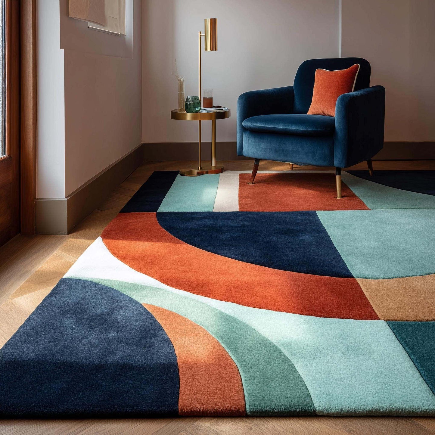 Handmade wool rug with modern retro geometric pattern in navy, terracotta, mint, and cream colors