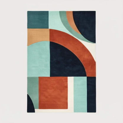 Handmade wool rug with modern retro geometric pattern in navy, terracotta, mint, and cream colors