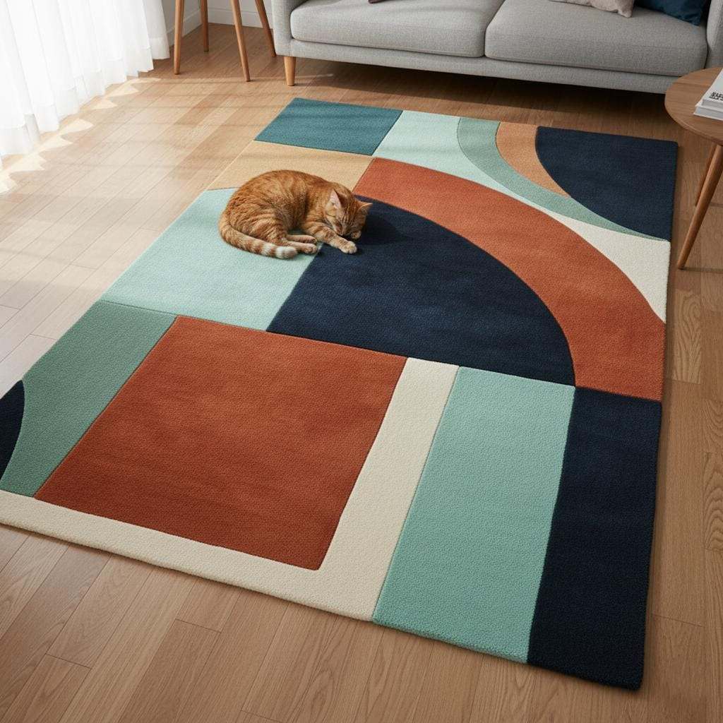 Handmade wool rug with modern retro geometric pattern in navy, terracotta, mint, and cream colors