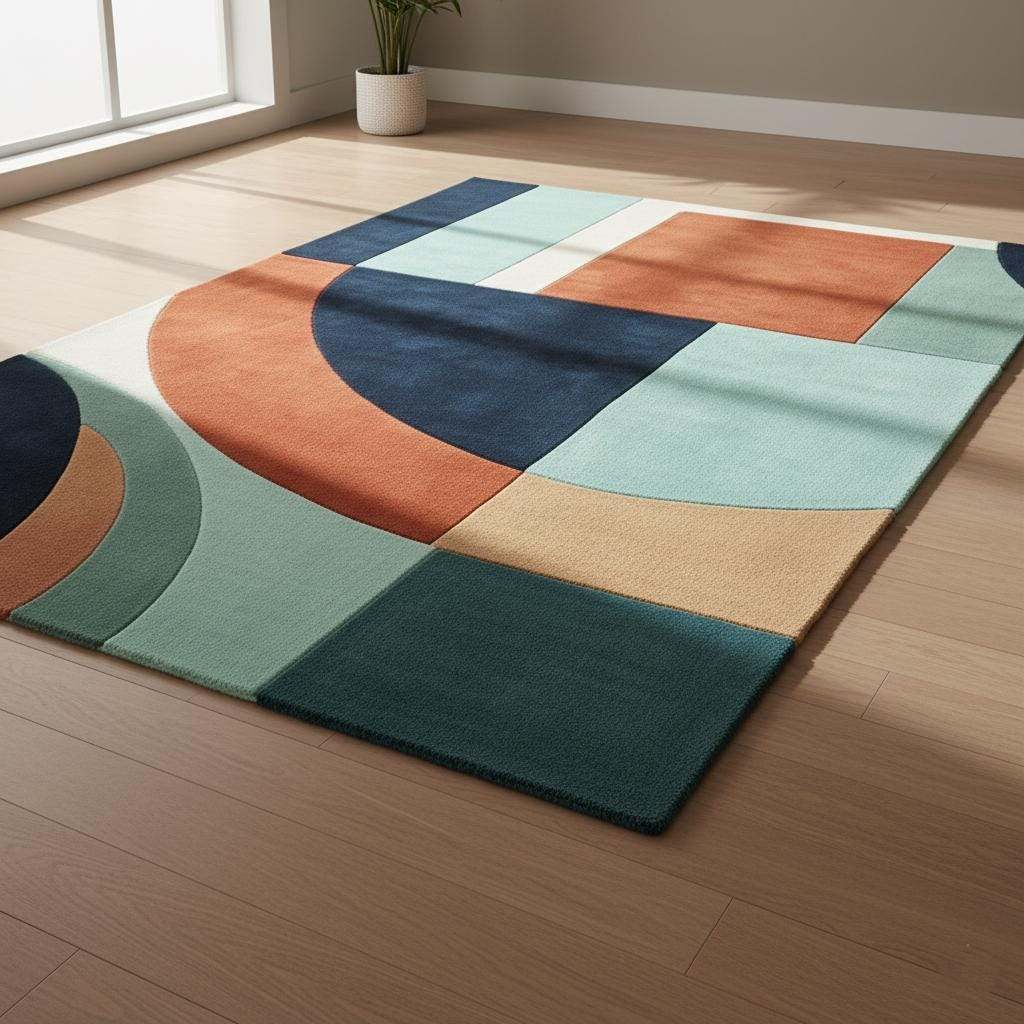 Handmade wool rug with modern retro geometric pattern in navy, terracotta, mint, and cream colors