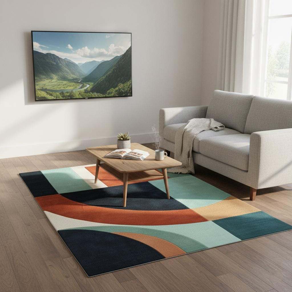 Handmade wool rug with modern retro geometric pattern in navy, terracotta, mint, and cream colors
