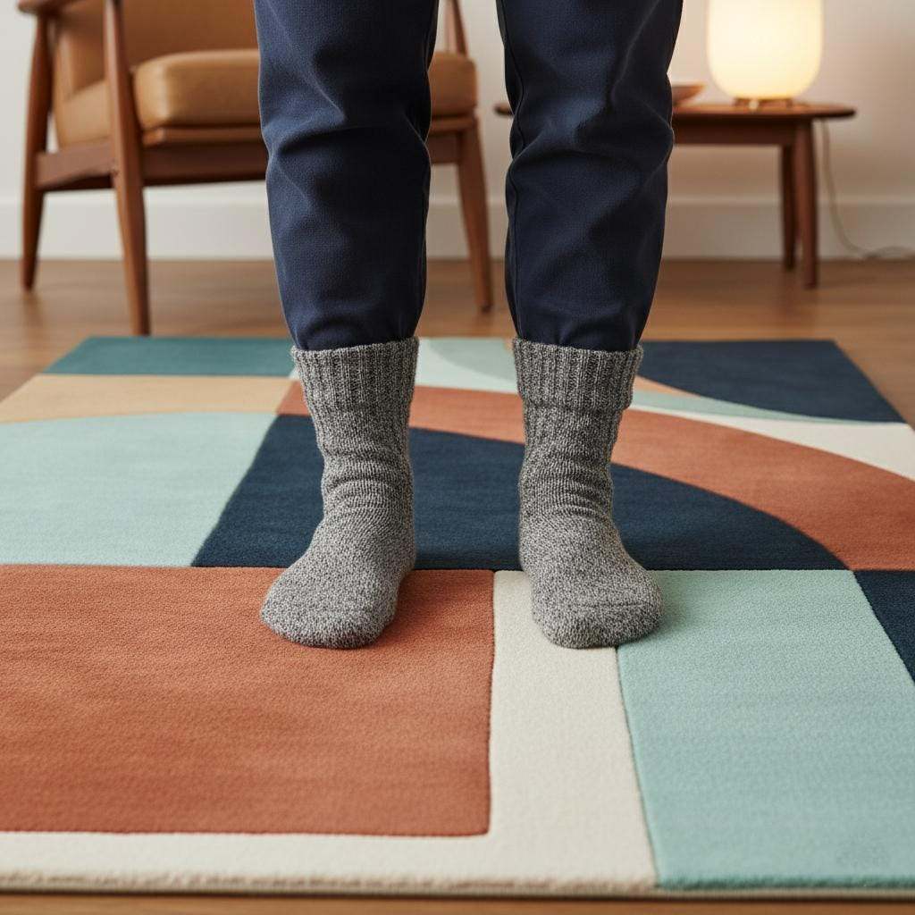 Handmade wool rug with modern retro geometric pattern in navy, terracotta, mint, and cream tones