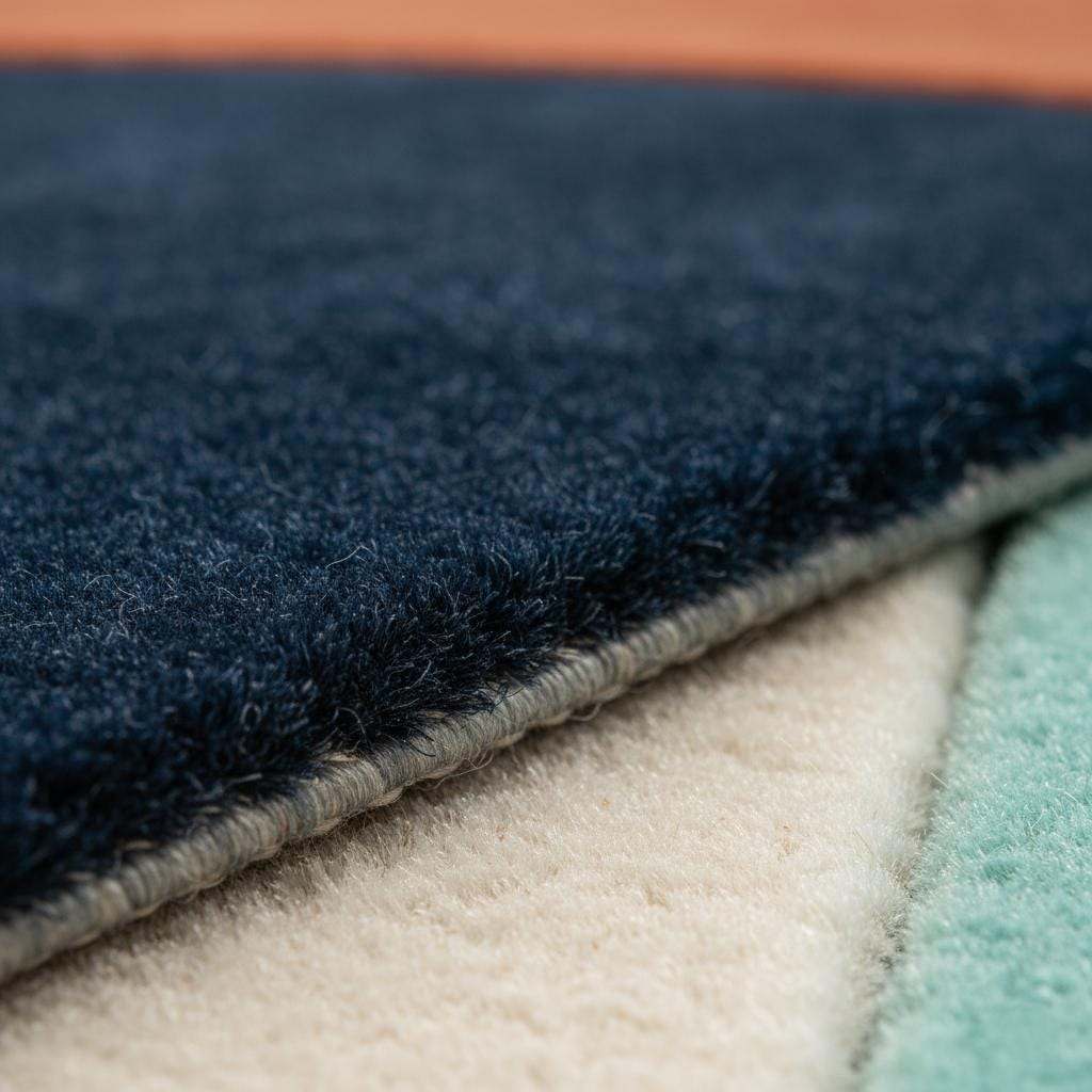 Handmade wool rug with modern retro geometric pattern in navy, terracotta, mint, and cream tones