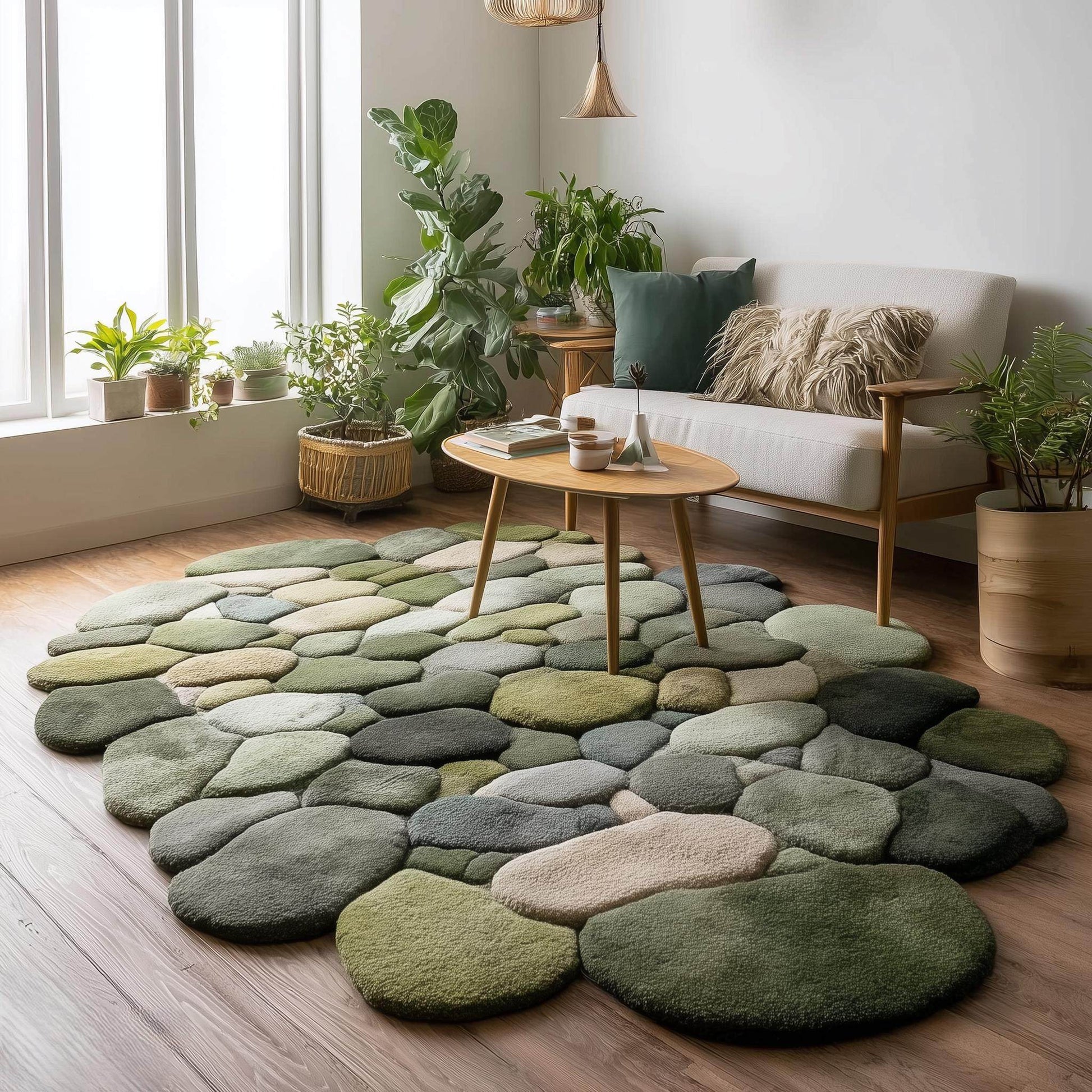 Handmade wool pebble rug with 3D stone design in natural earth tones for biophilic home decor