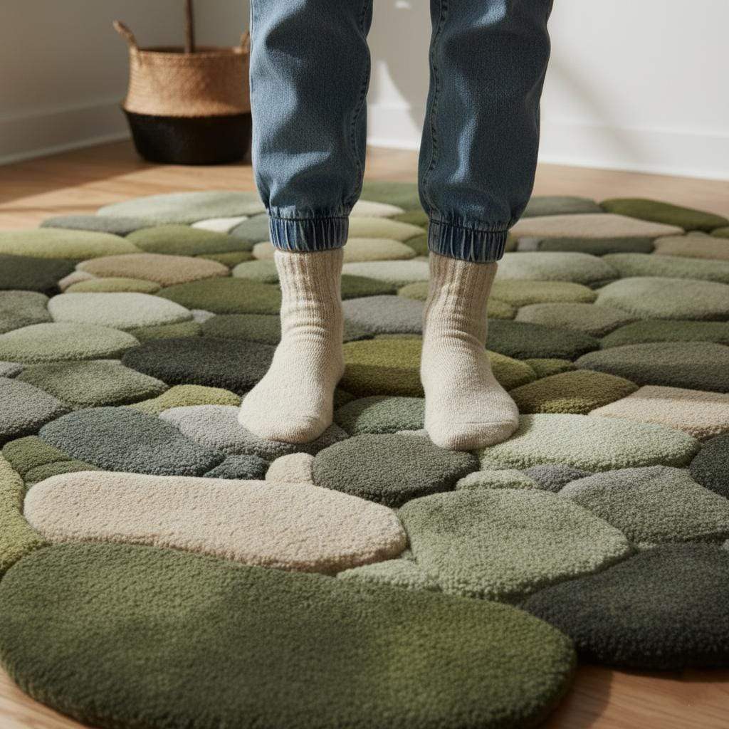 Handmade Wool Pebble Rug: 3D Stone Carpet, Biophilic Decor Teppich