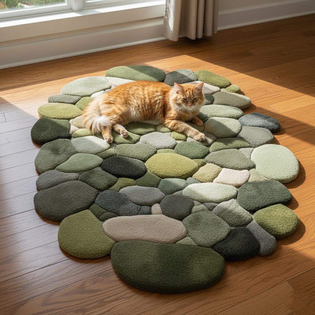 Handmade Wool Pebble Rug: 3D Stone Carpet, Biophilic Decor Teppich