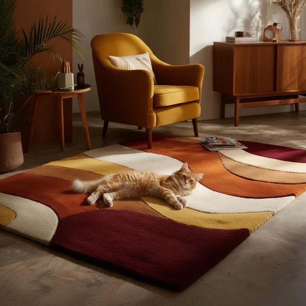 Handmade Wool Rug: Retro 70s Abstract Wavy Design