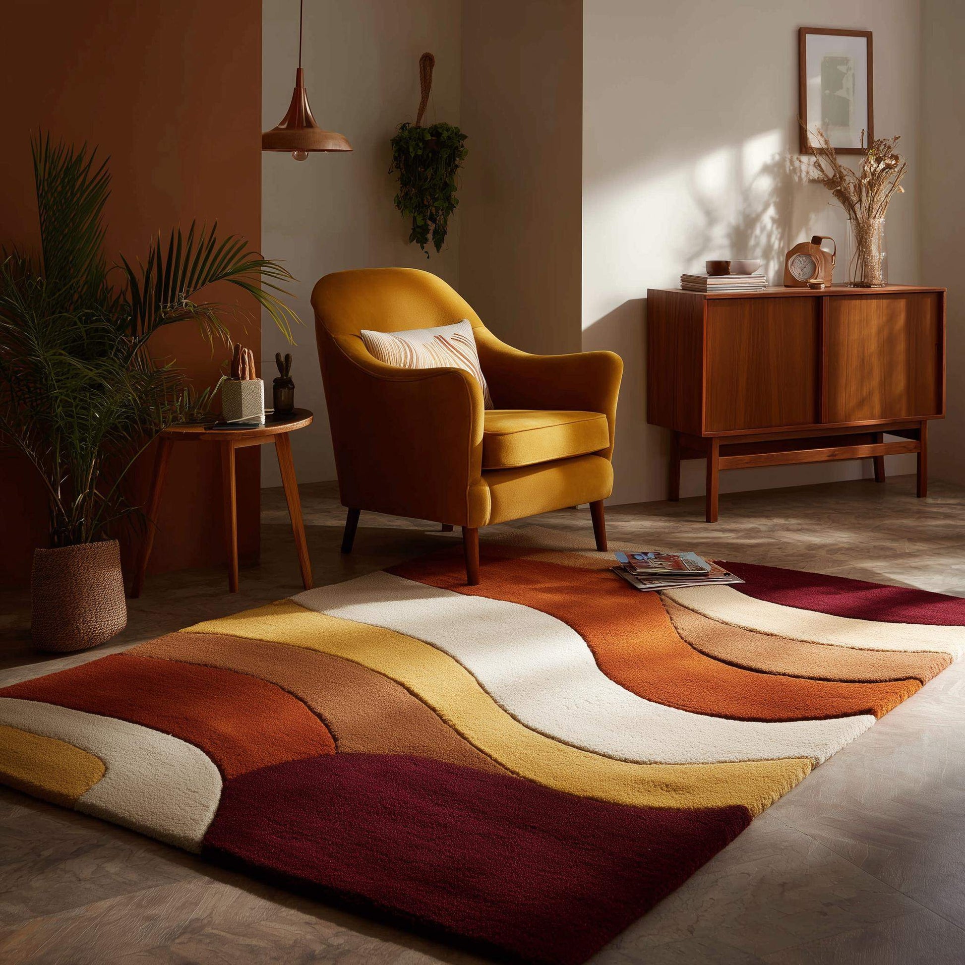 Handmade Wool Rug: Retro 70s Abstract Wavy Design