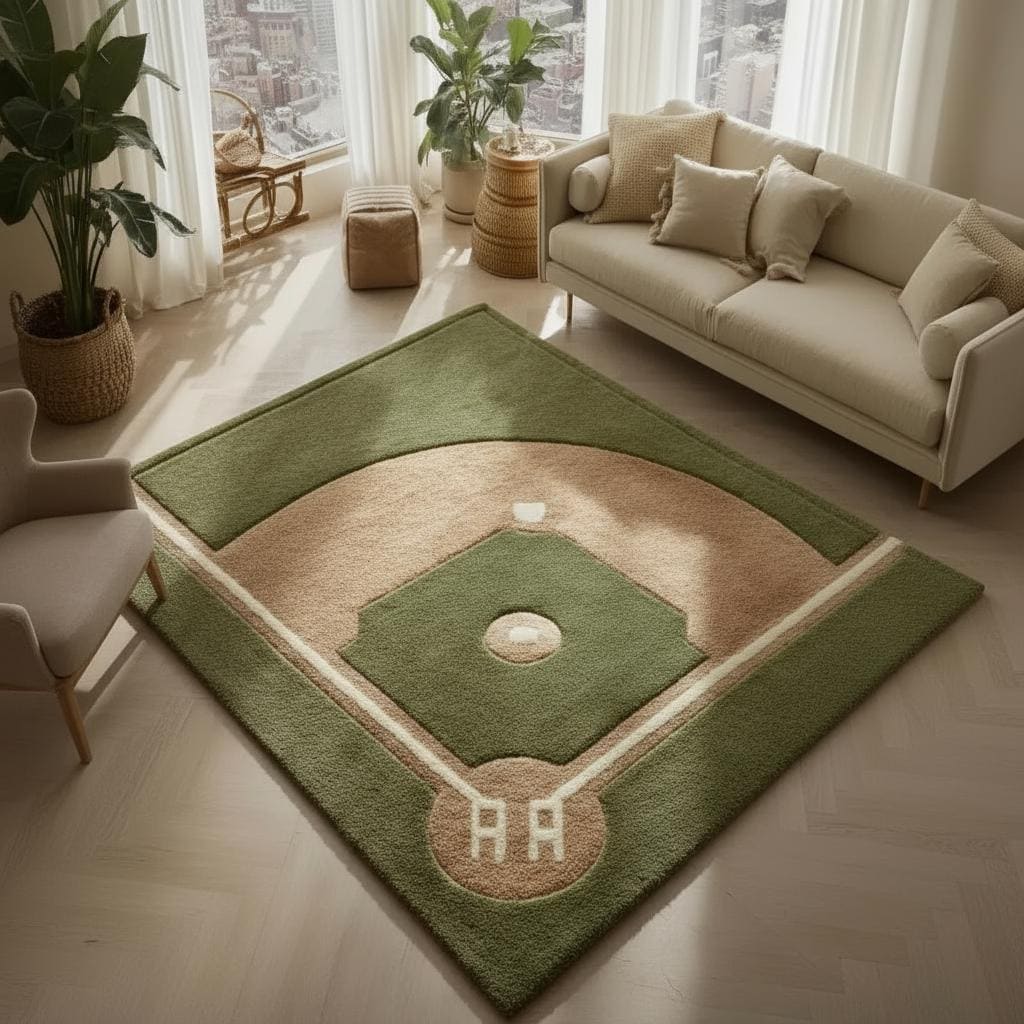 Handmade baseball rug with plush wool tufted baseball diamond design for kids rooms and sports decor