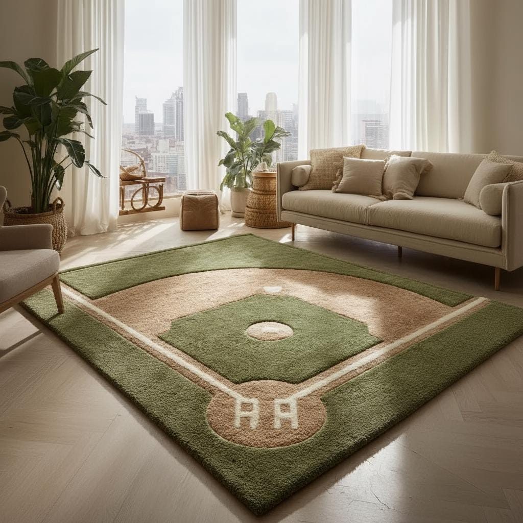 Handmade baseball rug with plush wool tufted baseball diamond design for kids room decor