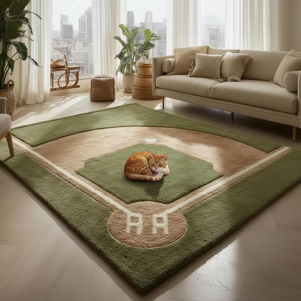 Handmade baseball rug with plush wool tufted baseball diamond design for kids rooms and sports decor