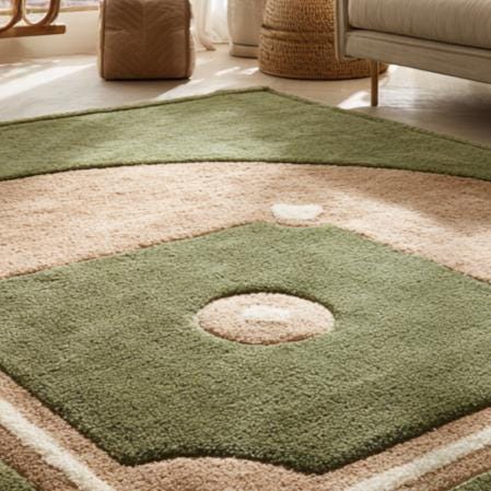 Handmade baseball rug with plush wool and detailed baseball diamond design for kids' rooms and play areas