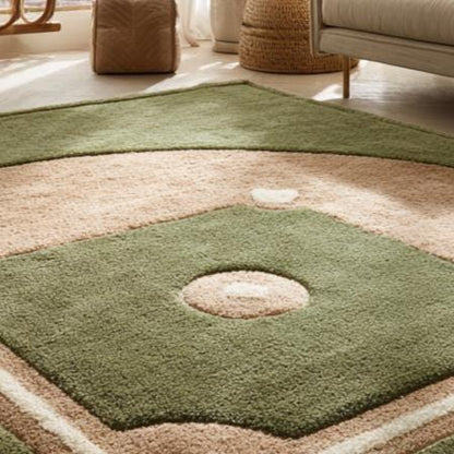 Handmade baseball rug with plush wool and detailed baseball diamond design for kids' rooms and play areas