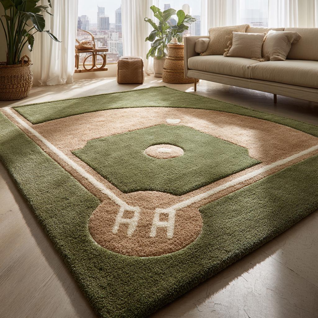 Handmade baseball rug with plush wool tufted baseball diamond design for kids rooms and sports decor