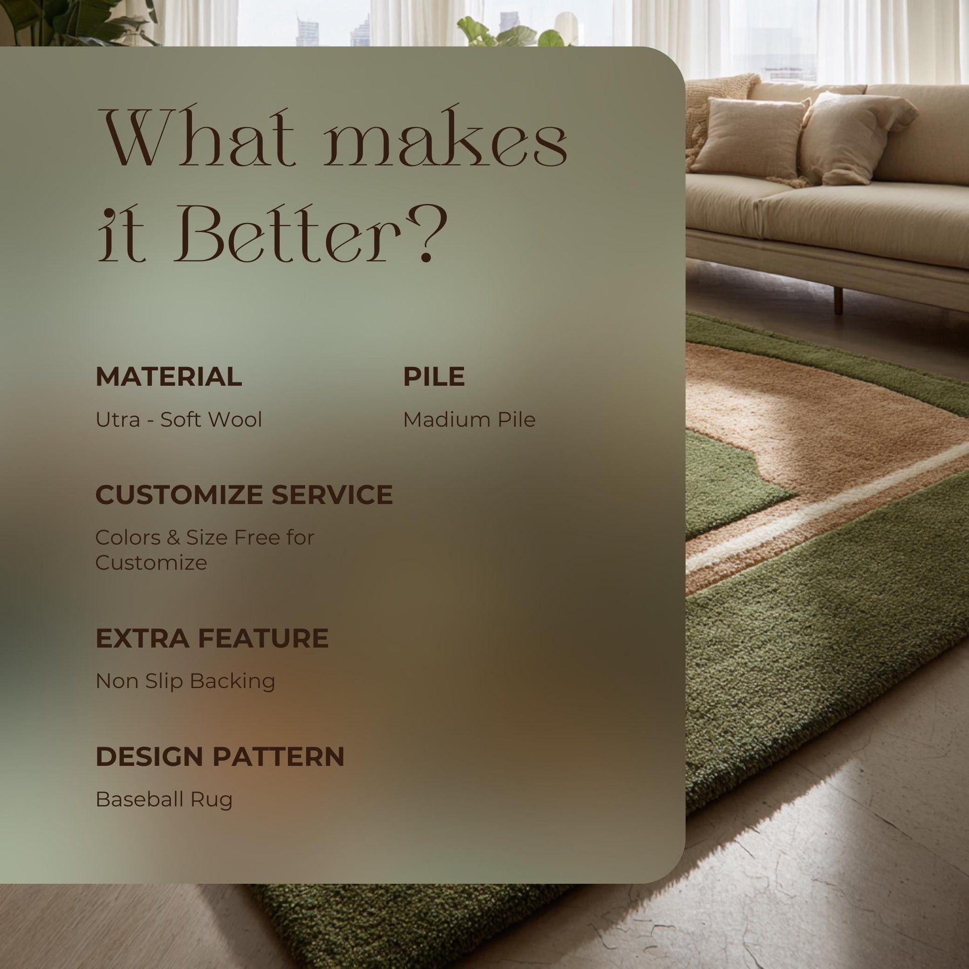 Handmade baseball rug with plush wool and detailed baseball diamond design for kids' rooms and sports decor