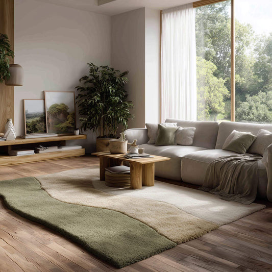 Handmade wool rug with tufted 3D moss texture in beige and green for modern minimalist living rooms
