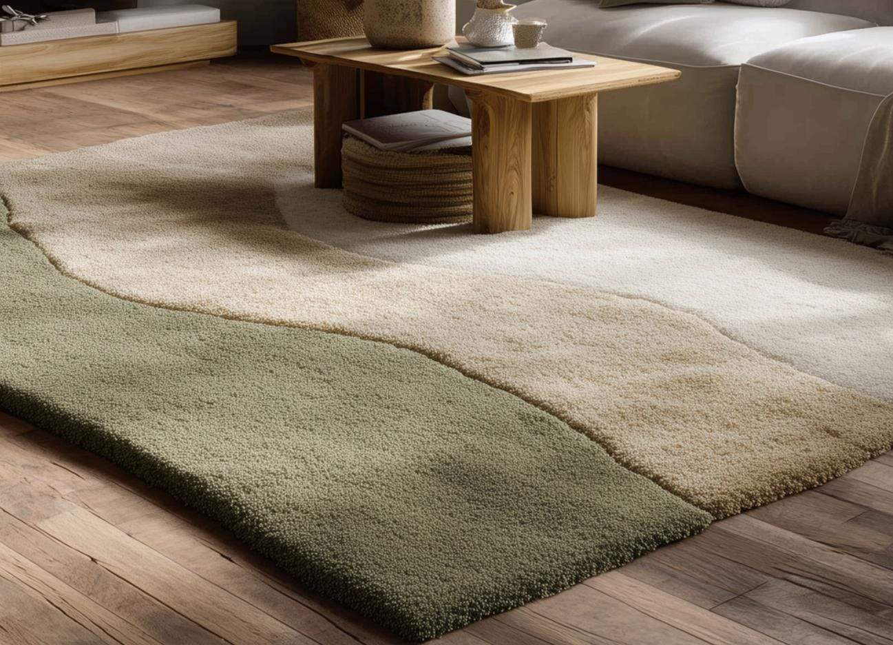 Handmade Wool Tufted Rug: Beige & Sage Green Abstract Carpet