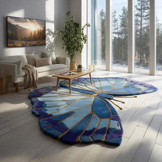 Handmade Blue Butterfly Wool Rug: Tufted Accent Mat, Nursery Decor