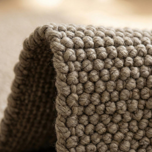 Handmade chunky knit wool rug with neutral color and thick cozy texture for modern minimalist interiors