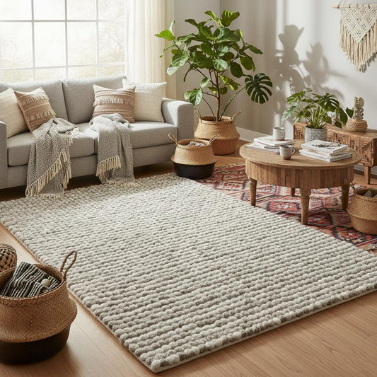 Handmade chunky wool rug in cream and beige with thick felted texture for cozy Scandinavian décor