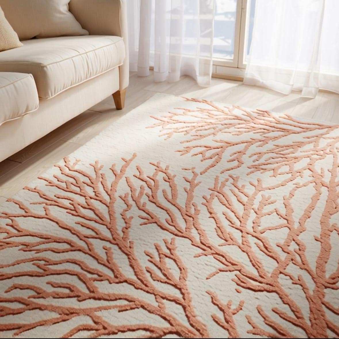 Handmade coral reef design tufted rug in beige and terracotta for coastal home décor