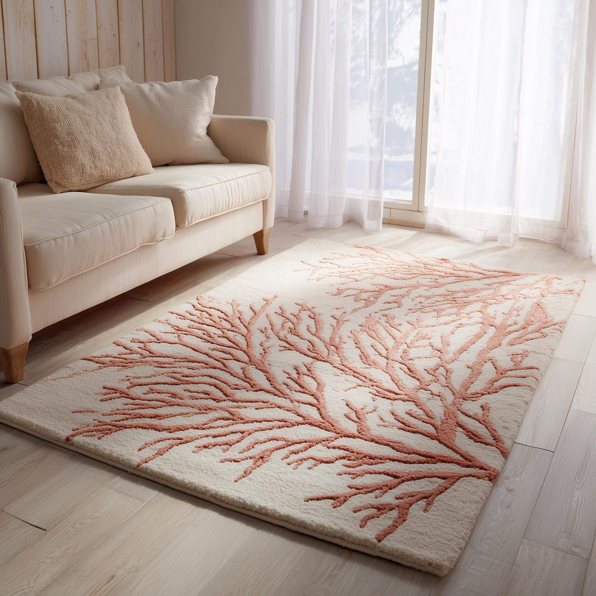Handmade coral reef design tufted rug in beige and terracotta for coastal home décor