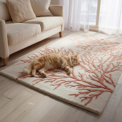 Handmade coral reef design tufted rug in beige and terracotta wool for coastal home décor