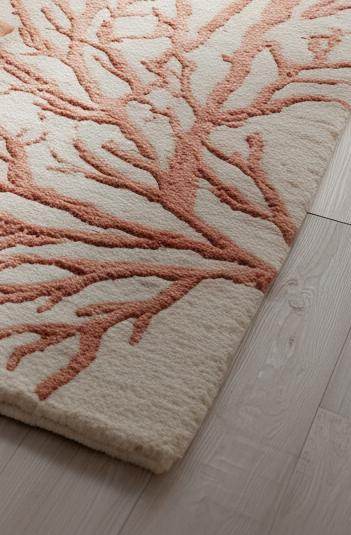 Handmade coral reef design tufted rug in beige and terracotta wool for coastal home décor
