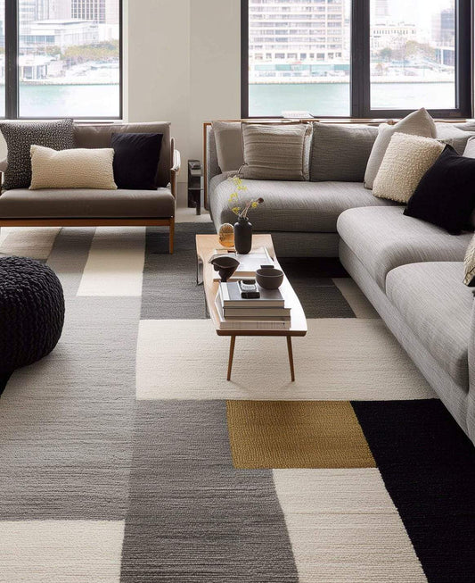 Close-up of the plush texture and distinct color blocks of the rug.