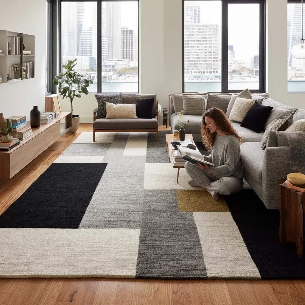 Contemporary living room featuring a large geometric rug as a central design element.