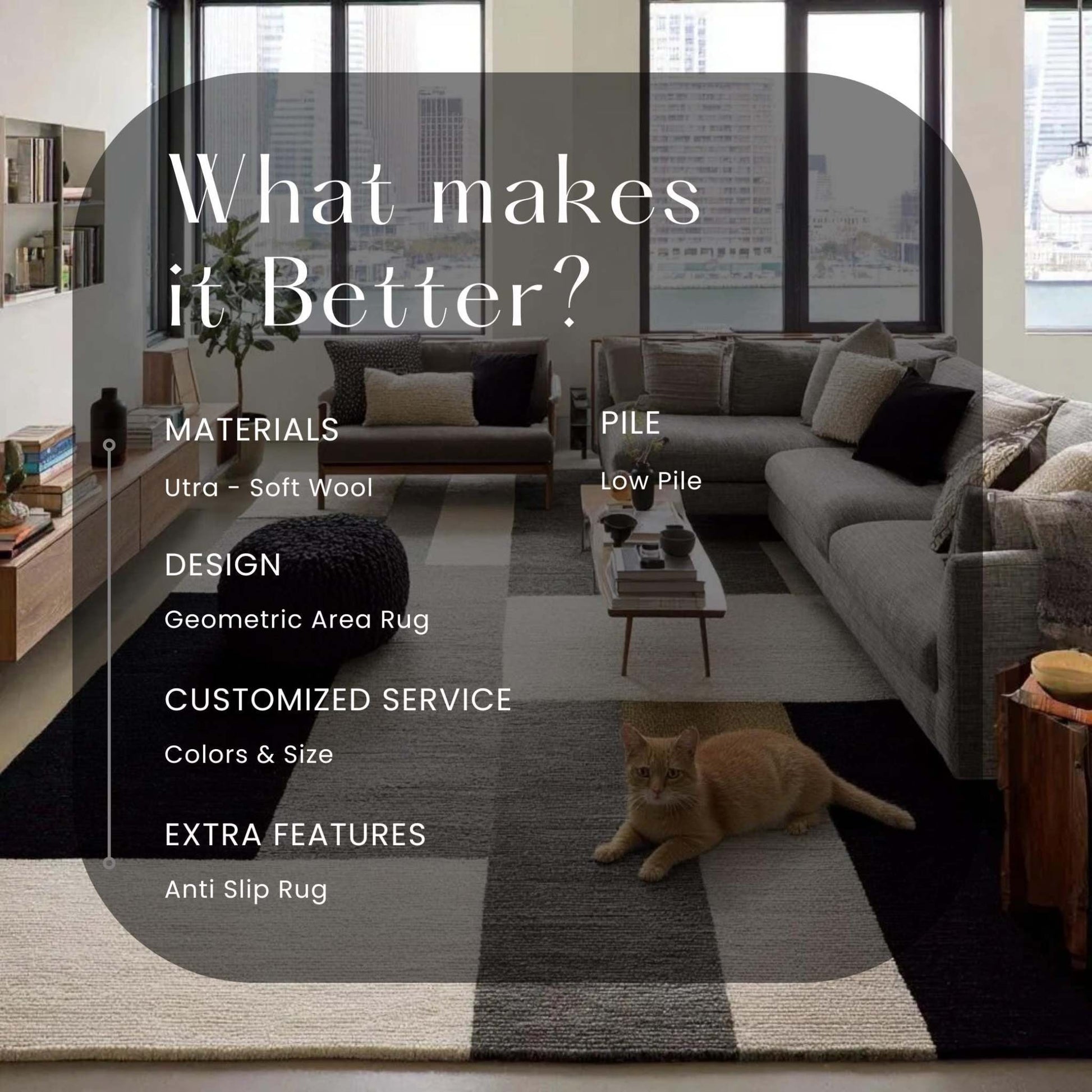 Handmade Geometric Wool Area Rug: Modern Black, Gray & Cream Carpet