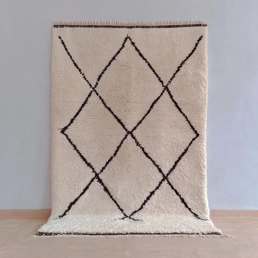 Handmade Moroccan Beni Ourain rug with ivory wool and dark brown diamond pattern