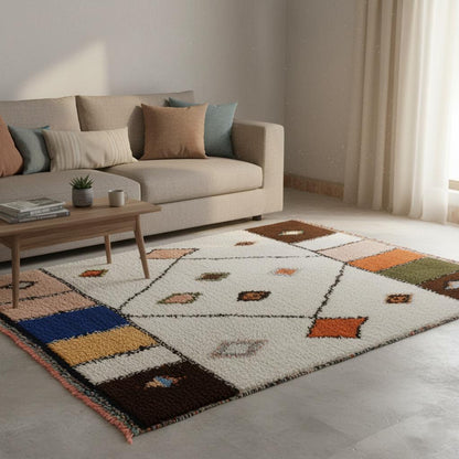 Hand-loomed Moroccan Berber diamond wool rug in off-white base with rich brown, olive and burnt orange accents for living room décor.