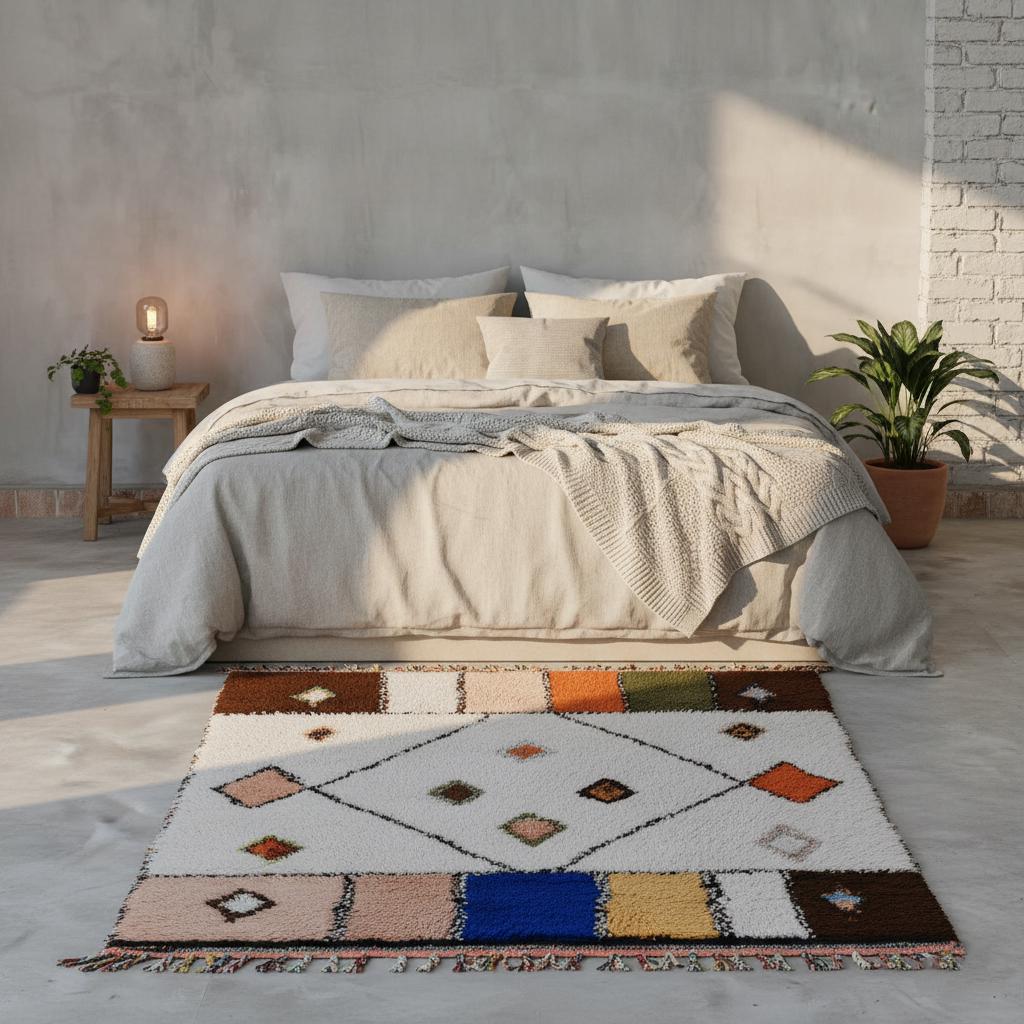 Artisan wool rug cream background, geometric diamond pattern and colourful border blocks in mustard gold, blue and pink – bohemian home décor.