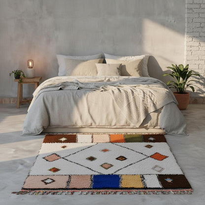 Artisan wool rug cream background, geometric diamond pattern and colourful border blocks in mustard gold, blue and pink – bohemian home décor.