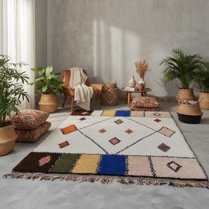 Neutral off-white wool rug styled in a modern-eclectic living room, featuring berber diamond motifs and accent bands in mustard and brown.