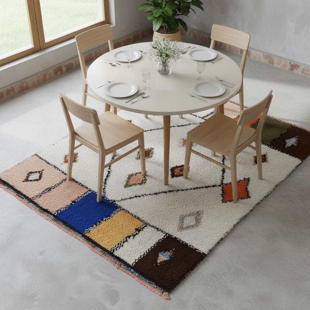 Gift-ready heritage style Moroccan Berber wool carpet, creamy base with colourful accent blocks – perfect for global décor and housewarmings.