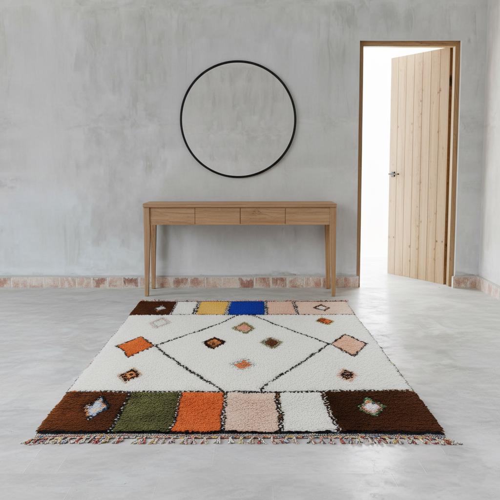Handmade Moroccan Berber Wool Rug – Cream Diamond Boho Accent